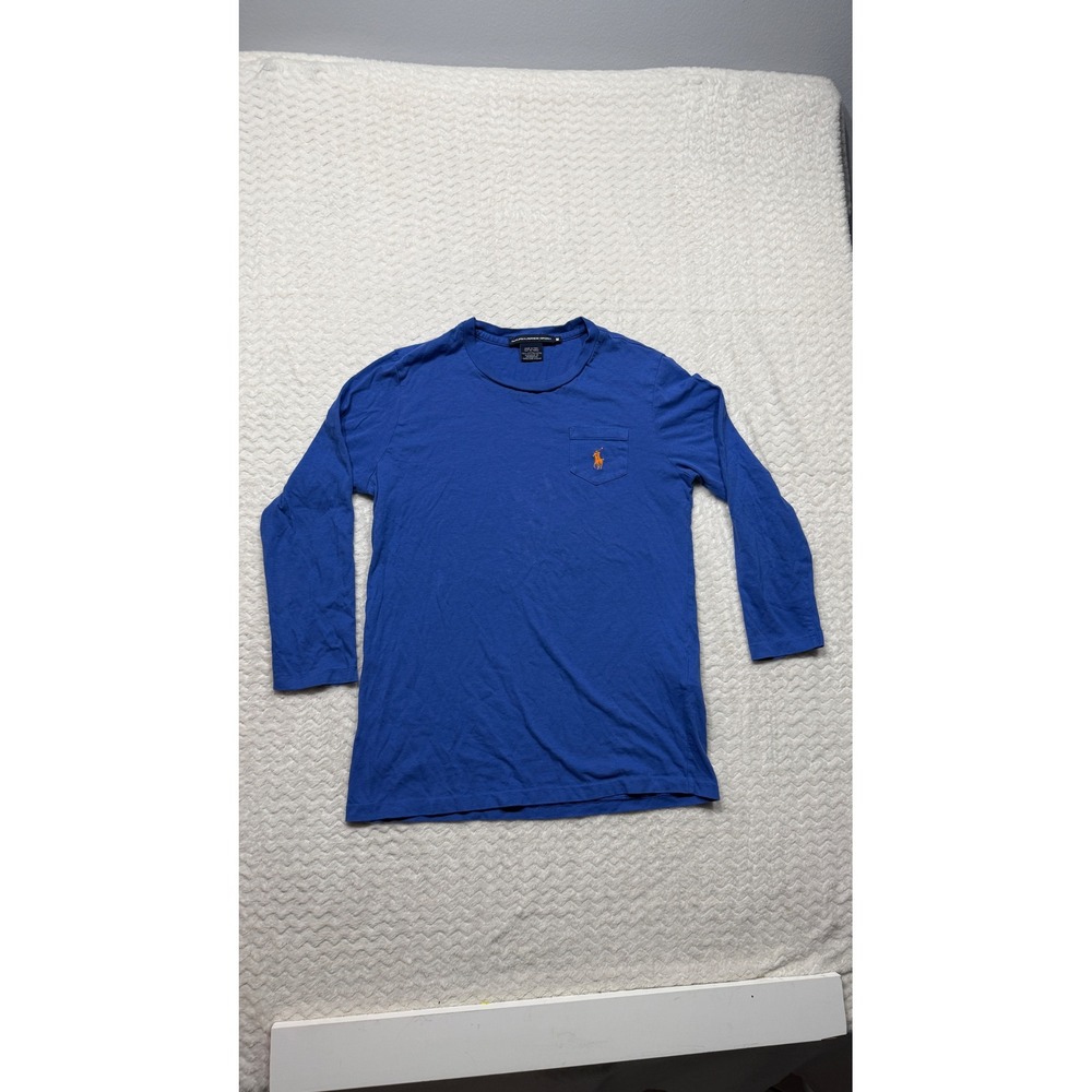 Ralph Lauren Sport Womens Blue Long Sleeve Pocket Tee Shirt Size M Orange Pony